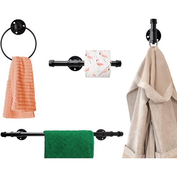 Comfify 4-Piece Bathroom Hardware Set, Towel Bar, Ring, Robe Hook, Toilet Paper Holder, Black