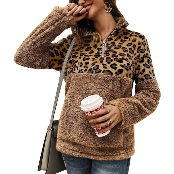 Women Sweatshirt Quarter Zip Print Splicing Thickened Plush Pullover