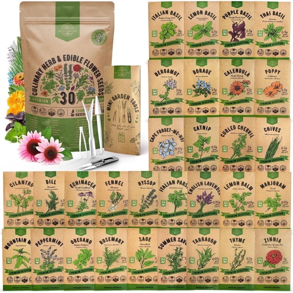 Organo Republic - 30 Culinary Herb & Edible Flower Seeds Varieties - 13,960  Non GMO Heirloom Seeds
