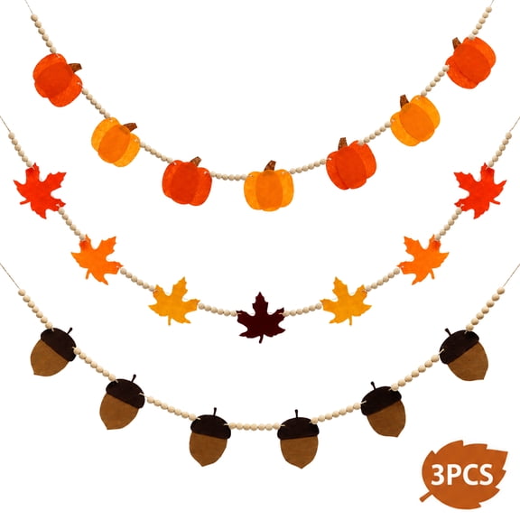 Fall Garland, Thanksgiving Felt Pumpkins with Wooden Beads Garland Decorations for Home Harvest Autumn Mantle Wall Fireplace Shelf 3 Pcs