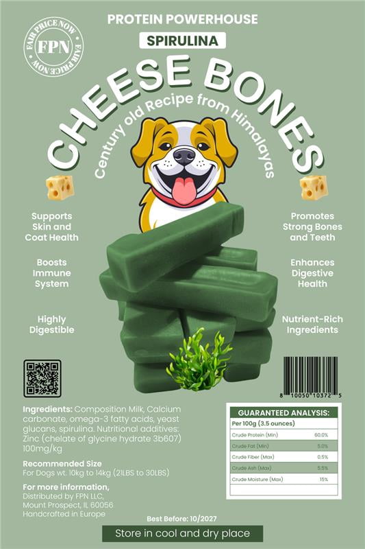 FPN Cheese Dog Chew Spirulina Himalayan Yak – Long Lasting Natural Dog Chews for Aggressive Chewers – High Protein Cow Milk Alternative Healthy Dental Dog Treat – Made in Belgium (Large)