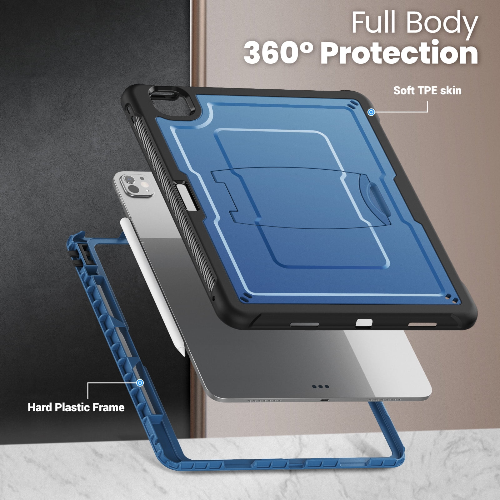 Allytechgroup Case for iPad Pro 13 inch (M4) 2024 with Pencil Holder/ Support Pencil 2nd & Magnetic Attachment Wireless Charging Kickstand Hard PC + Soft TPU Shockproof Stand Rugged Cover, Navyblue