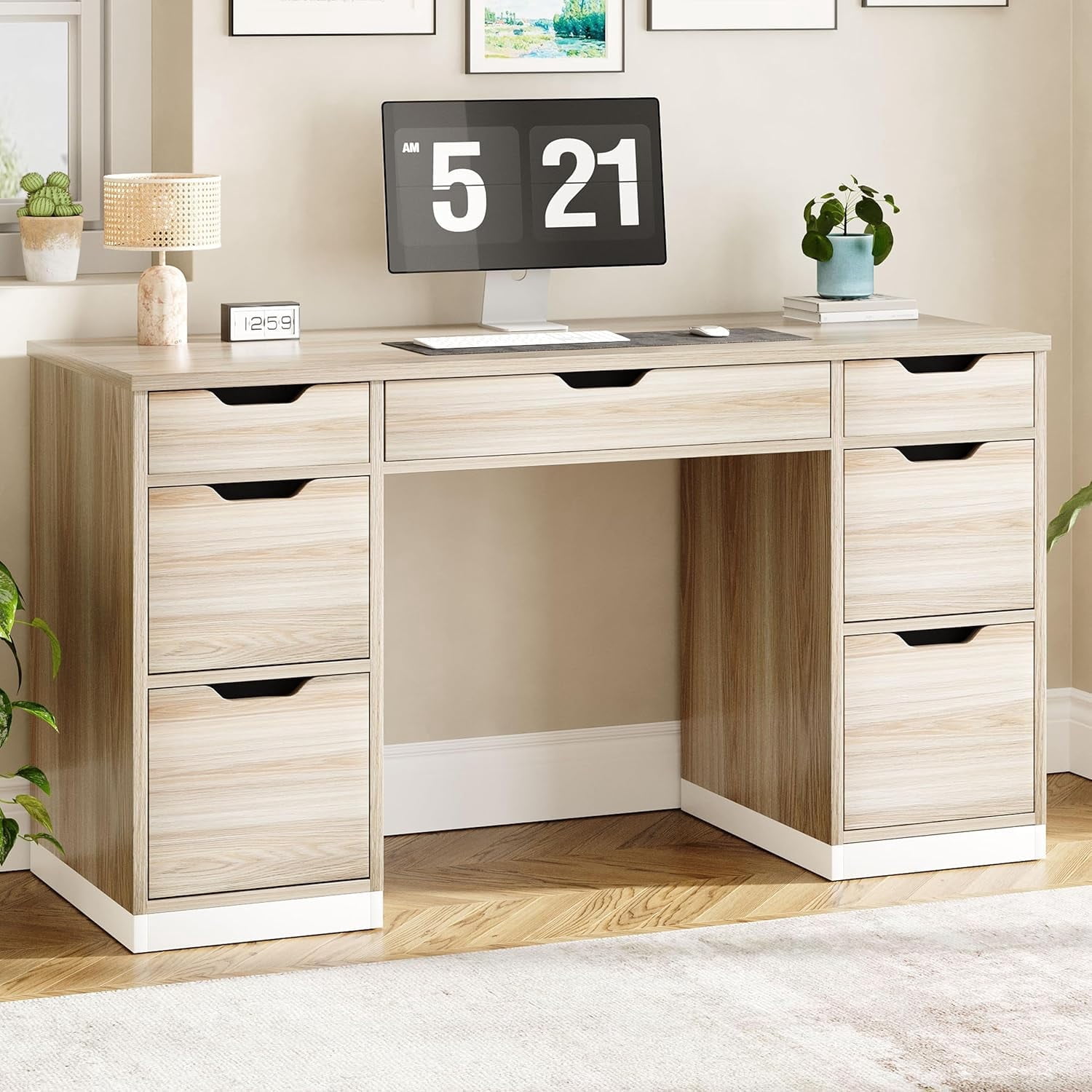 DreamCurship 54" Executive Desk with Storage, Computer Desk with 7 Drawers, Wood Home Office Desk with File Drawers, White and Gray