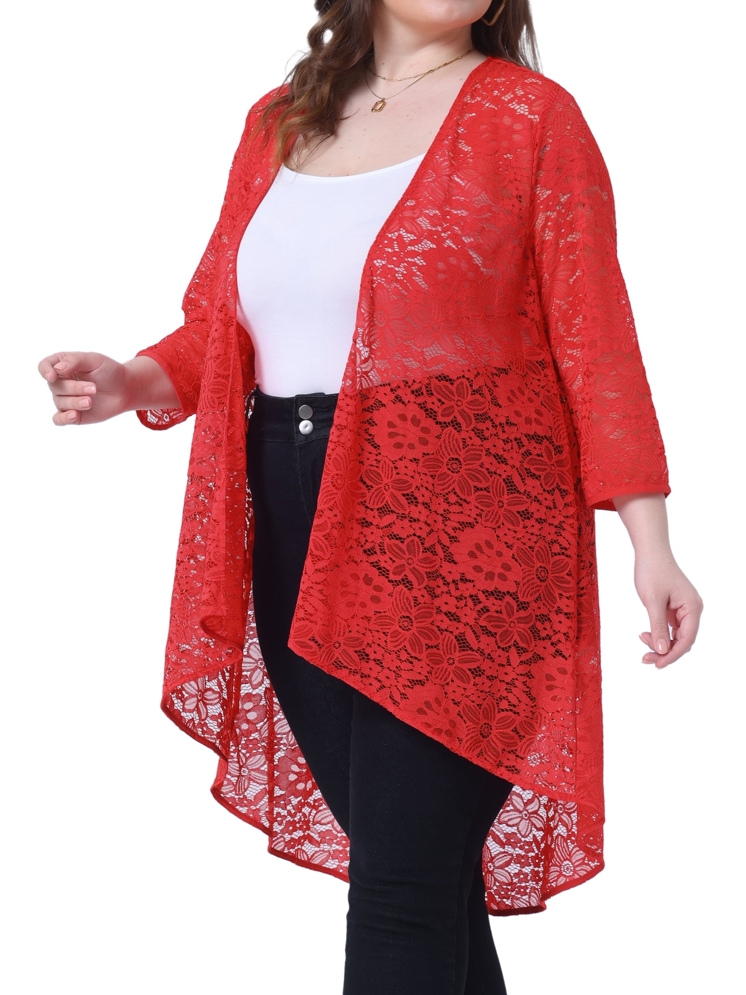 DARING DIVA Plus Size Lace Crochet Sheer Kimono Cover Up Cardigan 2X Red