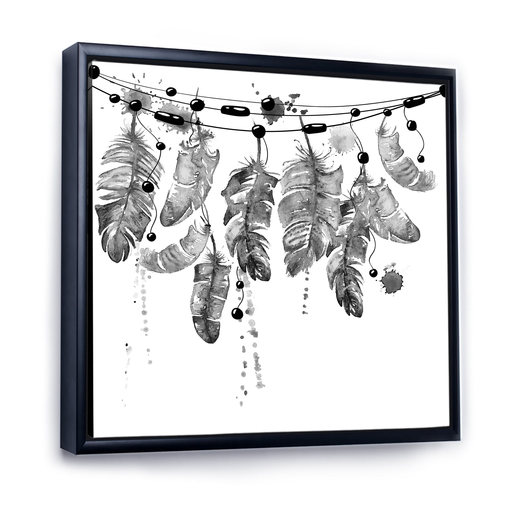 Designart 'Hanging Monochrome Bird Feathers' Bohemian & Eclectic Framed Canvas Wall Art Print