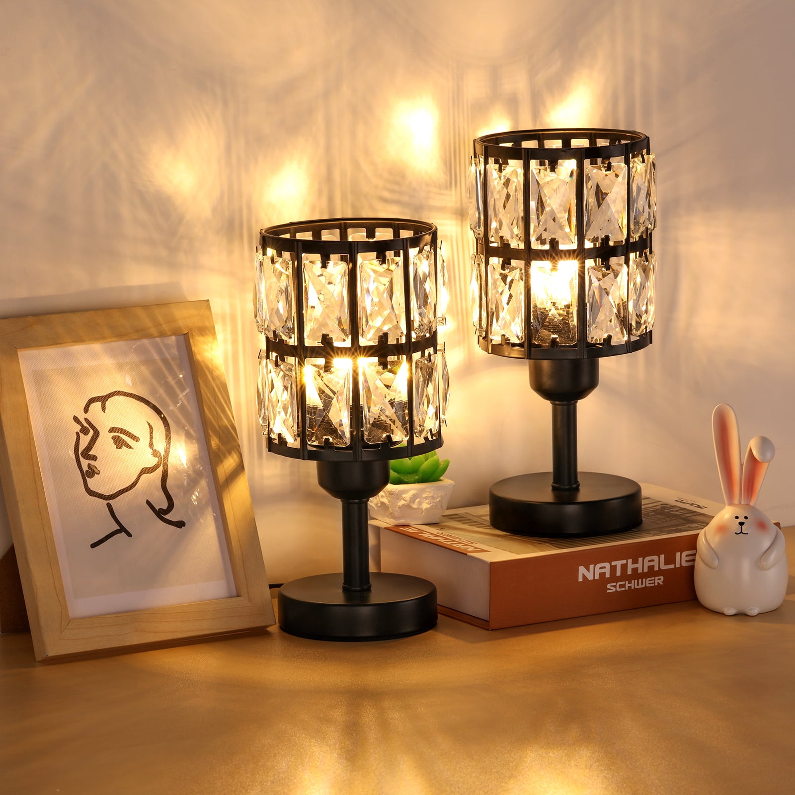 Modern Crystal Lamp Cylinder Shade Black Bedside Lamp Set of 2