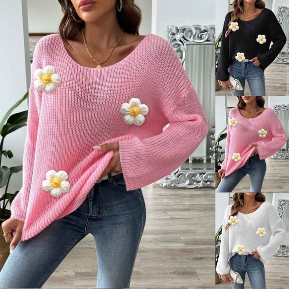 Brondbend Fall Sweaters for Women Knit Tops for Women Casual Crewneck Long Sleeved Sweater Fashion Floral Print Loose Top Fall Winter Comfortable Outdoor Warm Blouse,Black