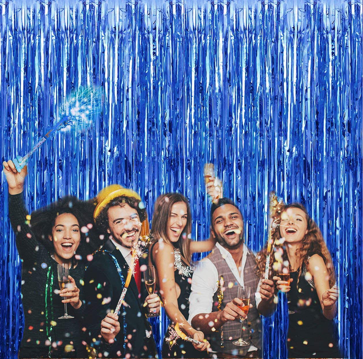 Fecedy 2pcs 3ft x 8.3ft Light Blue Metallic Tinsel Foil Fringe Curtains for Party decorations 