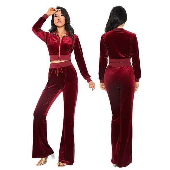 qolati Womens 2 Piece Outfits Velvet Sweatsuit Set Long Sleeve Zip Up Hoodie Crop Top Wide Leg Pants Tracksuit Y2k High Waist Sweatpants Lounge Sets with Pockets
