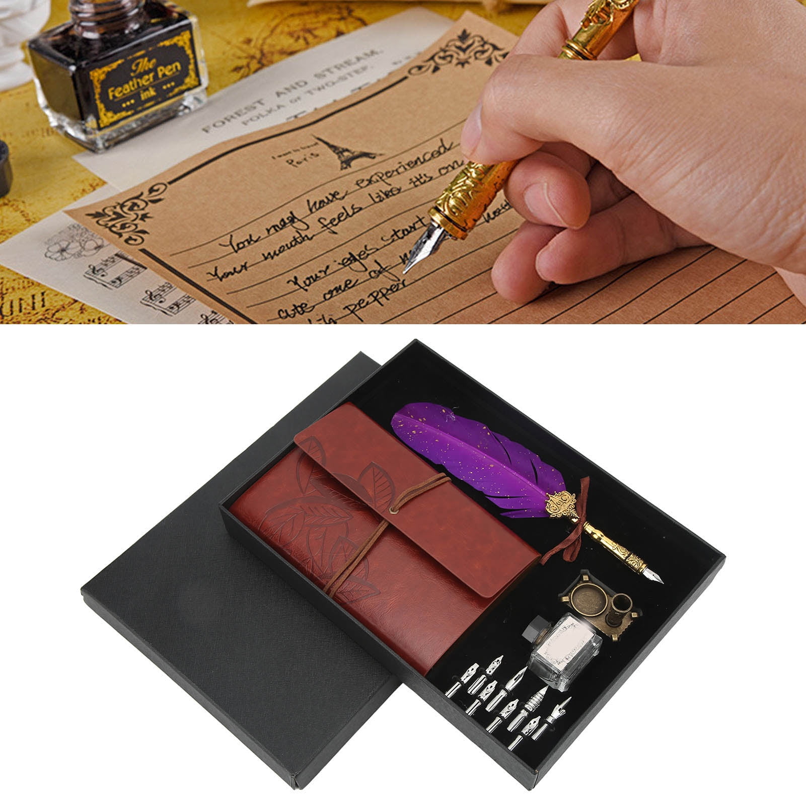 Yajisi Retro Feather Quill Pen Set Calligraphy Art Pen with Notebook Purple Stainless Steel Engraved Nib Business Gift Box (11.4 inches / 29 cm)