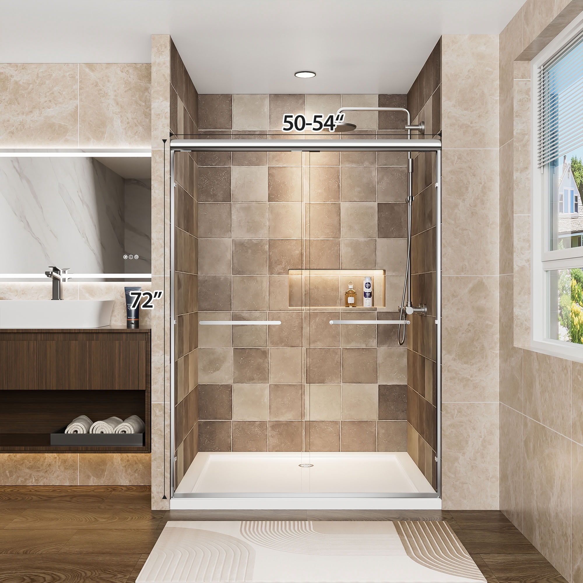 MAYEERTY Double Sliding Shower Door, 1/4" Tempered Safety Glass with Explosion-Proof Film, Waterproof & Reversible Installation