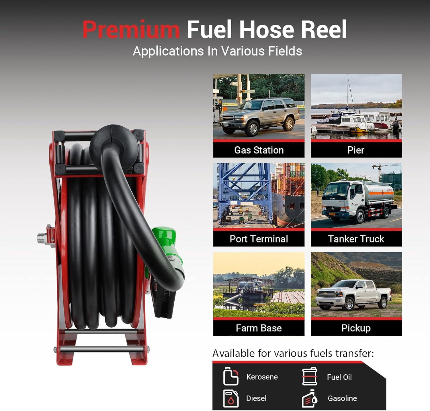 3/4“ x 50ft Diesel Fuel Hose Reel Retractable with Fuel Nozzle, 3/4 Inch Fuel Transfer Pump Hose, Auto Swivel Rewind, Max 300 PSI Tank Hose, Easy Use for Farms Boat Truck Bed Trailer Cart, Red