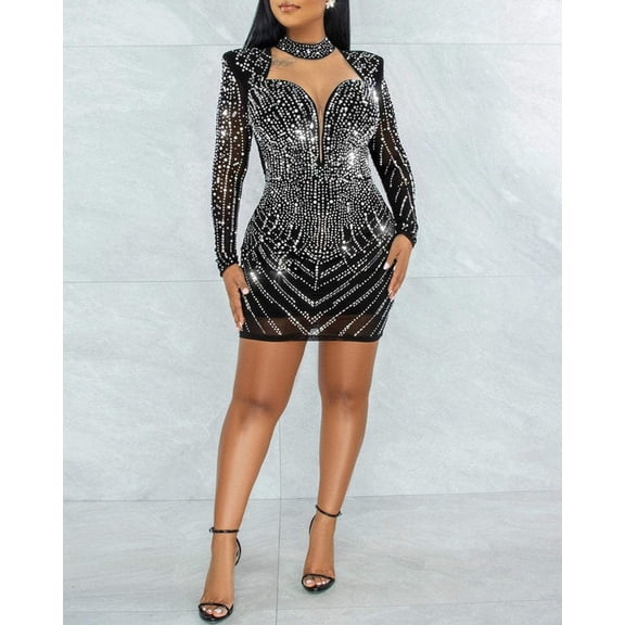 Rhinestone Long Sleeve Party Dress