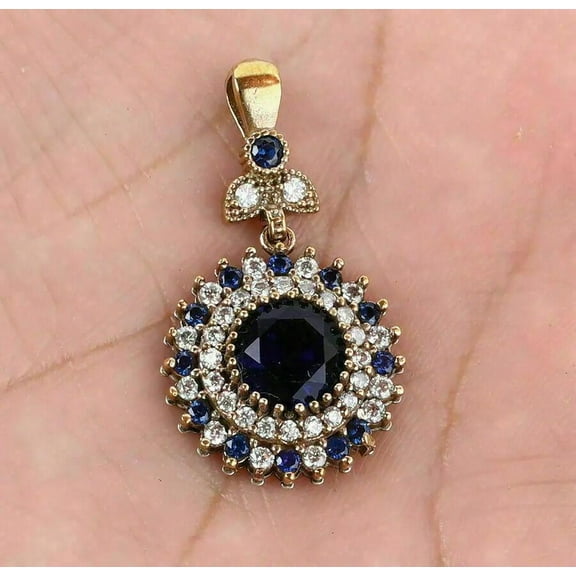 2CT Round Cut Blue Sapphire Women's Pendant With Chain 14K Yellow Gold Finish