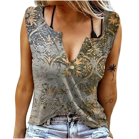 

Women s Sleeveless Henley Tank Tops Vintage V Neck Graphic T Shirts Summer Slim Fit Tee Tops