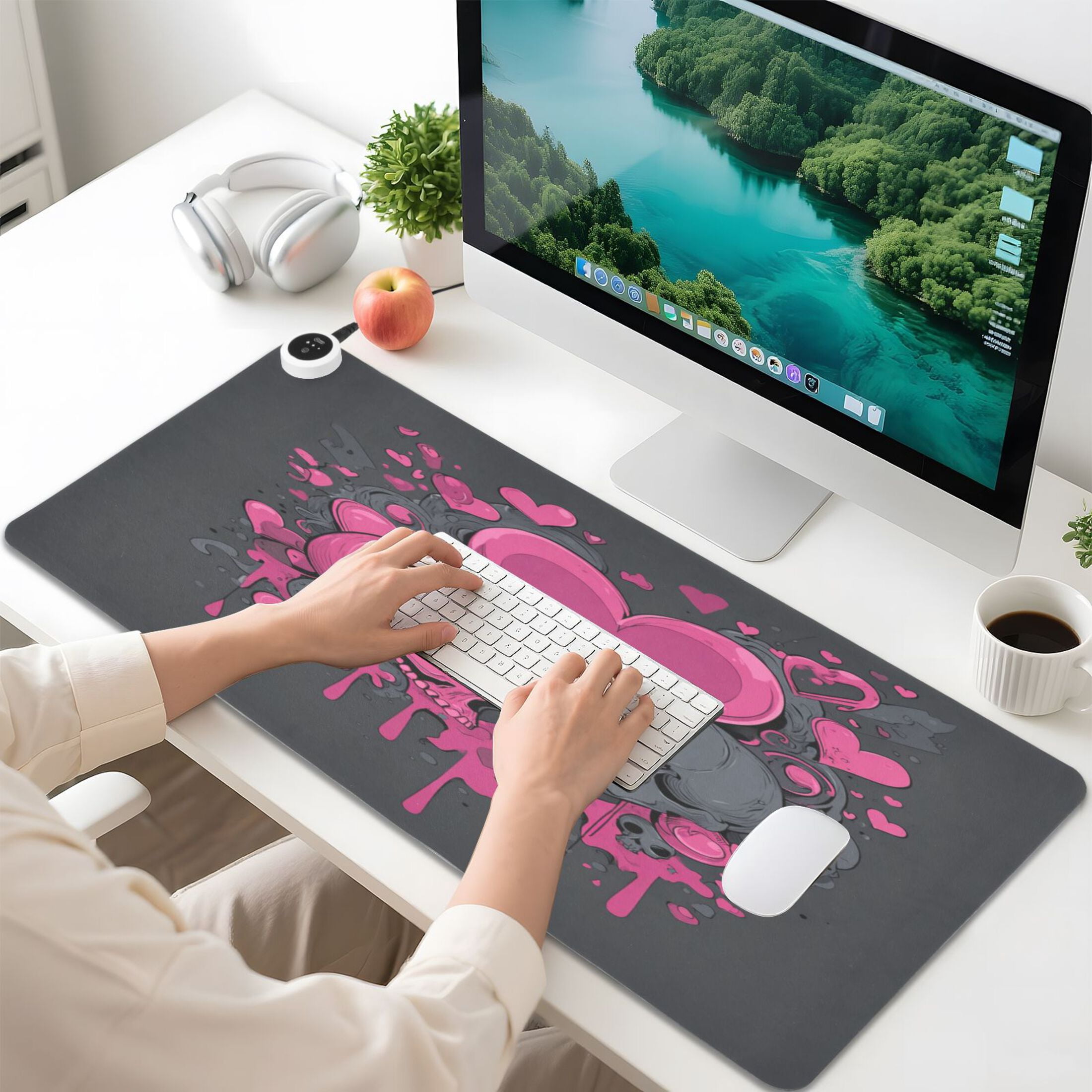 Large Heated Desk Mat Mouse Pad 31.5"x13"PU Leather Graphene Heating Desk Warmer with 3 Temperature Settings 110V US Plug Non-Slip Warm Pad for Home, Office, and Gaming Pink Hearts and Black Skulls