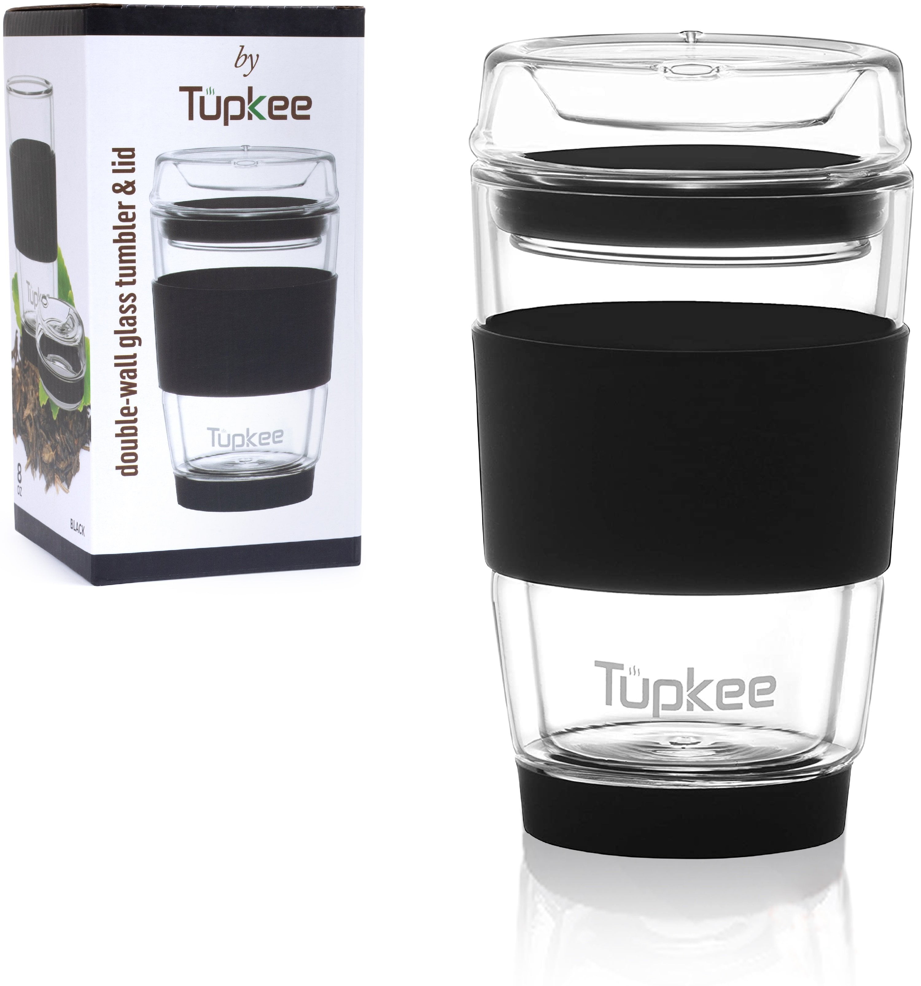 Tupkee Double Wall Glass Tumbler All Glass Reusable Insulated Tea Coffee Mug And Lid Hand Blown