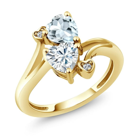 Gem Stone King 18K Yellow Gold Plated Silver Sky Blue Aquamarine White Moissanite and White Diamond Ring for Women (1.56 Cttw, Heart Shape 6MM, Gemstone March Birthstone, Size 6)
