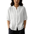thumbnail image 2 of Uootdi Linen Tops for Women Mandarin Collar Half Sleeve Floral Embroidered Stripe Womens Tops Relaxed Fit Lightweight Womens Shirts for Women, 2 of 6