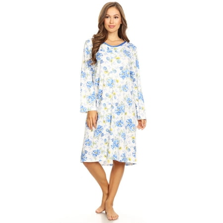 

16007 Womens Nightgown Sleepwear Pajamas Woman Long Sleeve Sleep Dress Nightshirt Blue XXL
