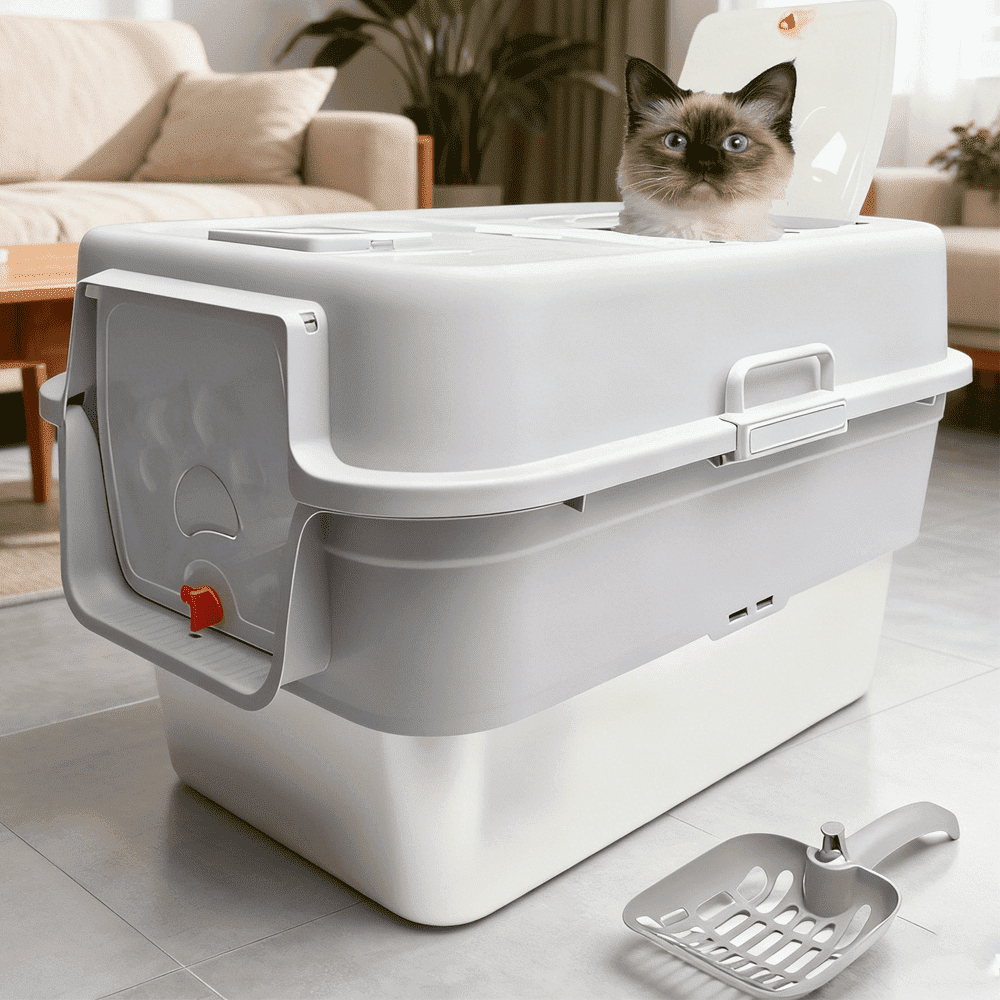XL Extra Large Stainless Steel Enclosed Cat Litter Box with  Scoop, Stickers, and Carbon Bag