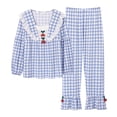 thumbnail image 1 of Conjunto de pijama de cuadros adornado con cerezas, top de encaje de manga larga azul y pantalones con volantes, ropa de estar por casa para mujer, talla L, 1 of 8
