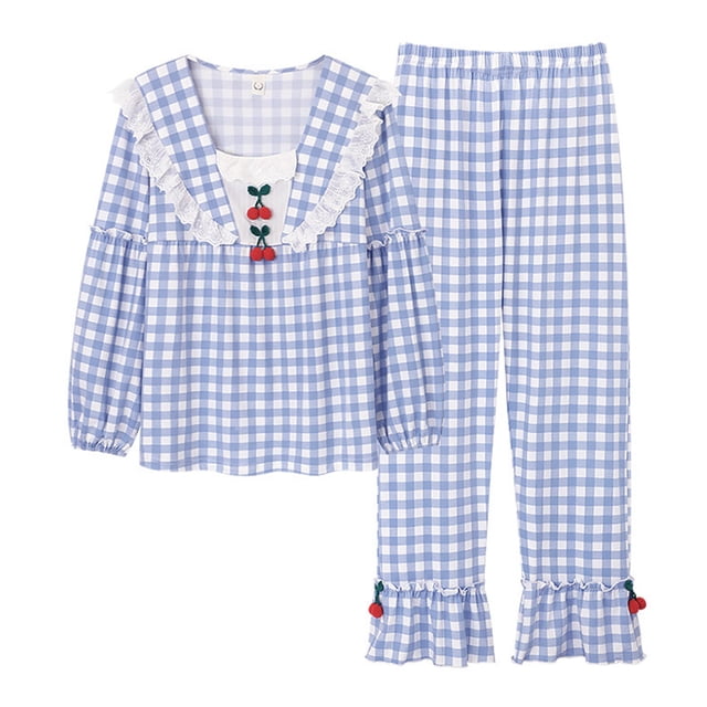 Conjunto de pijama de cuadros adornado con cerezas, top de encaje de manga larga azul y pantalones con volantes, ropa de estar por casa para mujer, talla L