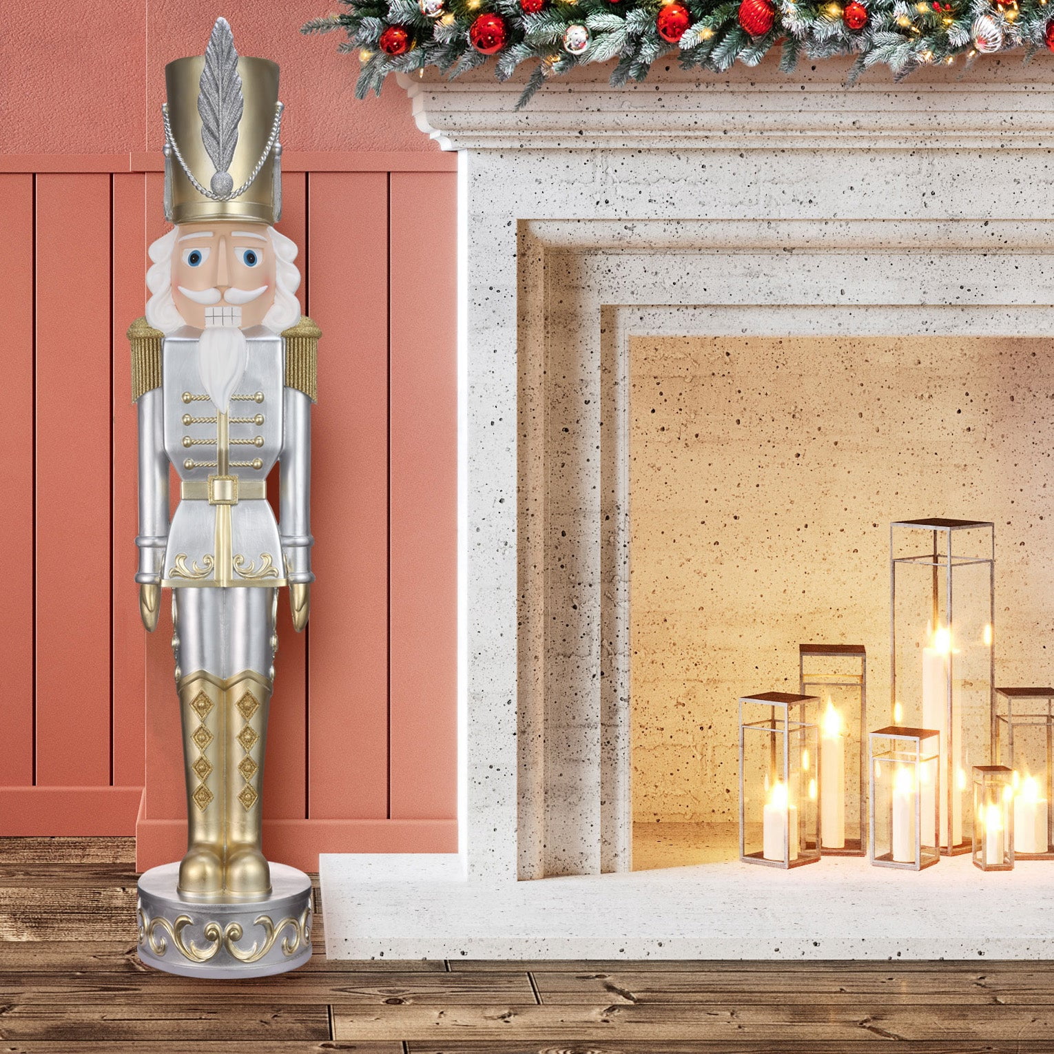 Haute Decor 48-INCH Tall Gold and Silver Christmas Nutcracker - Seasonal Holiday Soldier Statue for Indoor/Outdoor Use - Sturdy Resin Construction