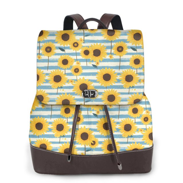 Balery Blue White Striped Sunflower A Mochila de Cuero para Mujeres, Gran Capacidad, Bolsa de Viaje Multifuncional, Mochila de Cuero y Bolsa de Hombro para Mujeres