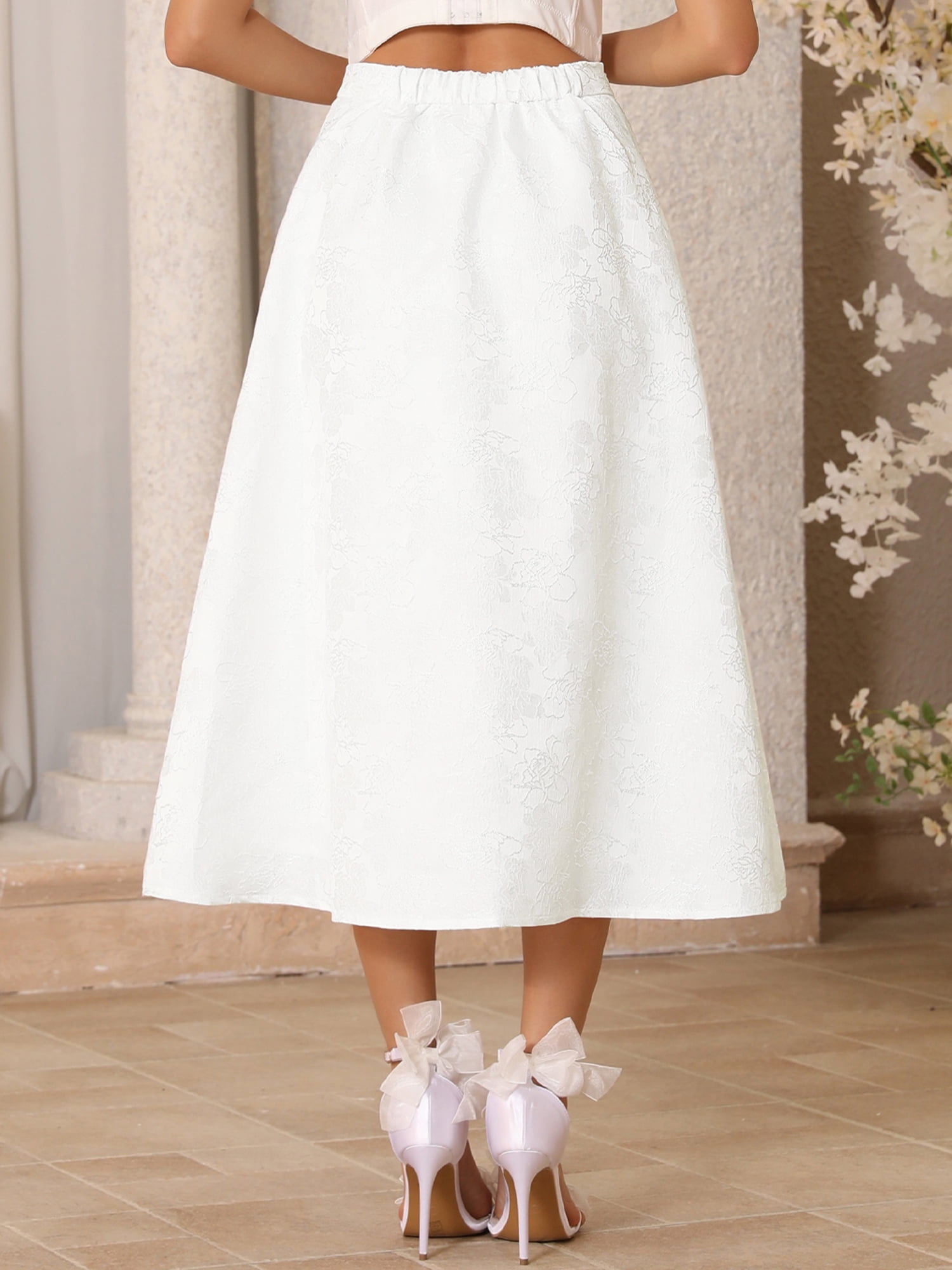 DARING DIVA Womne's Floral Jacquard Midi Skirt with Design Large White