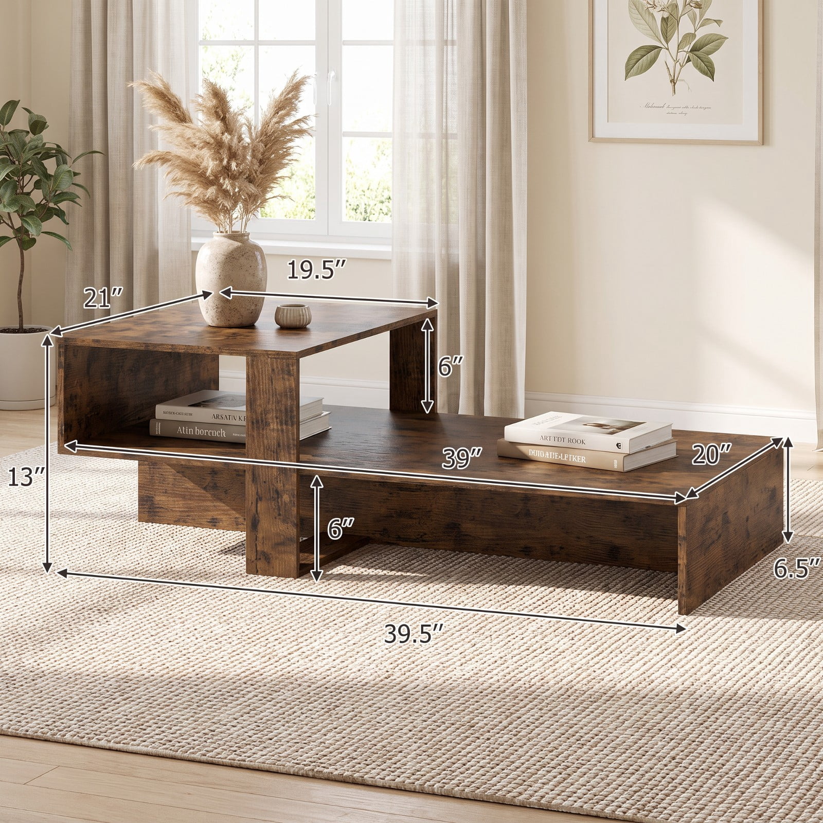 Furnibear 2 Tier Modern Irregular Coffee Table with Open Storage Shelf and Geometric Silhouette for Living Room for Home and Living Space, Brown