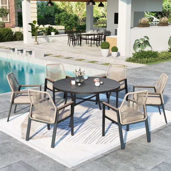 MF Studio 7-Piece Outdoor Dining Set with Cushioned Rattan Chairs and Large Round Table for 6-Person, Black and Beige