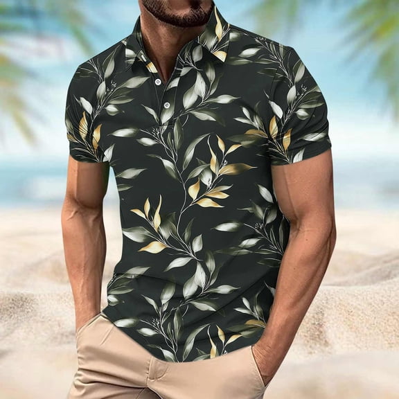 Gamivast Short Sleeve Shirts for Men Botanical Leaf Pattern Muscle Shirts Slim Fit Lapel Collar Casual Shirts Button Placket Business Golf Daily