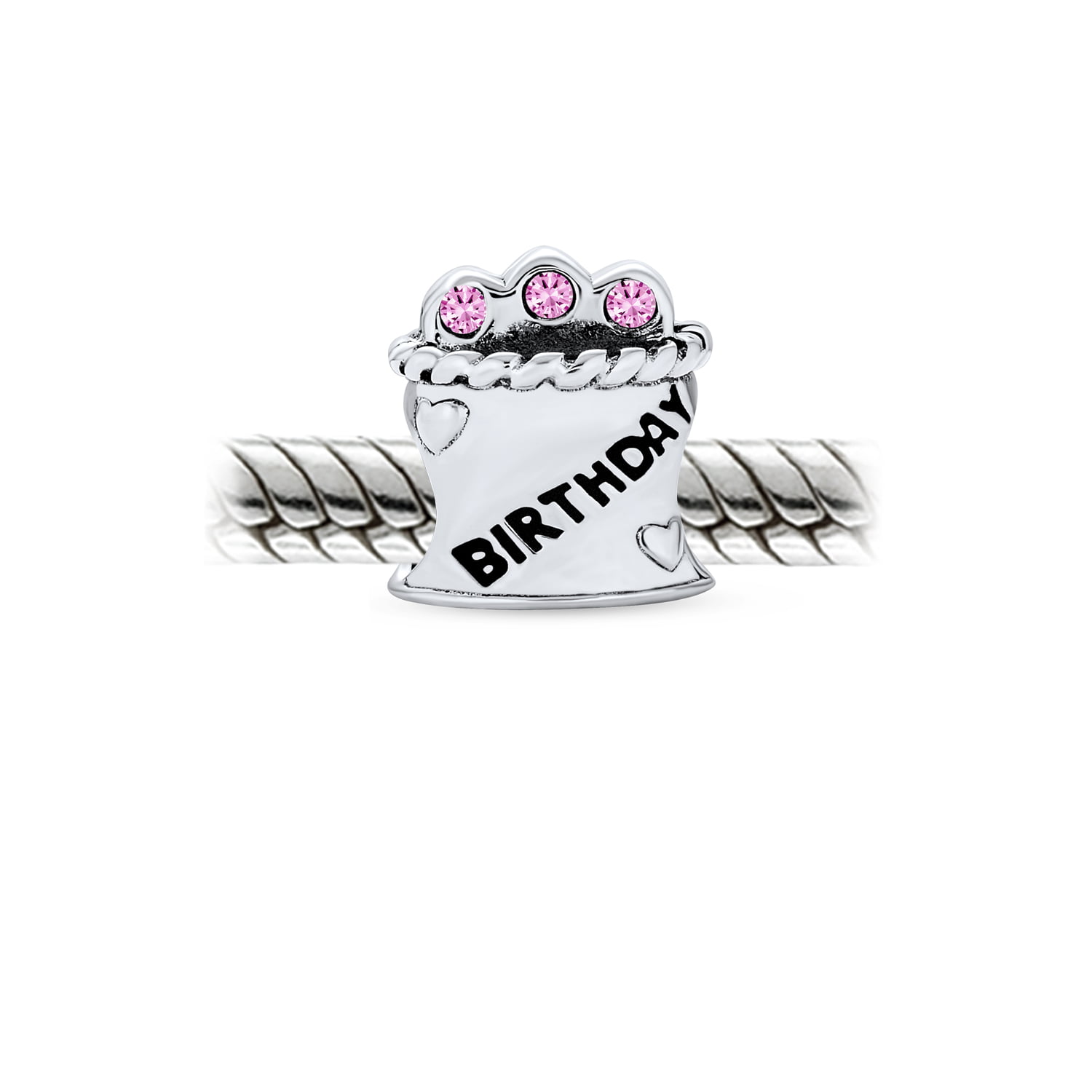 Happy Birthday Cake Cup Cake Pink CZ Candles Charm Bead For Women For Teen 925 Sterling Silver Fits European Bracelet
