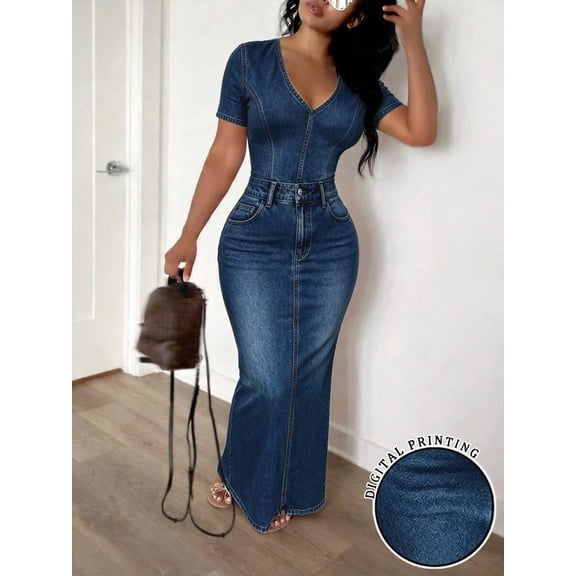 Women Faux Denim Print Mermaid Maxi Dress, V Neck Short Sleeve Bodycon Long Dress, Slim Fit Night Out Club Dress