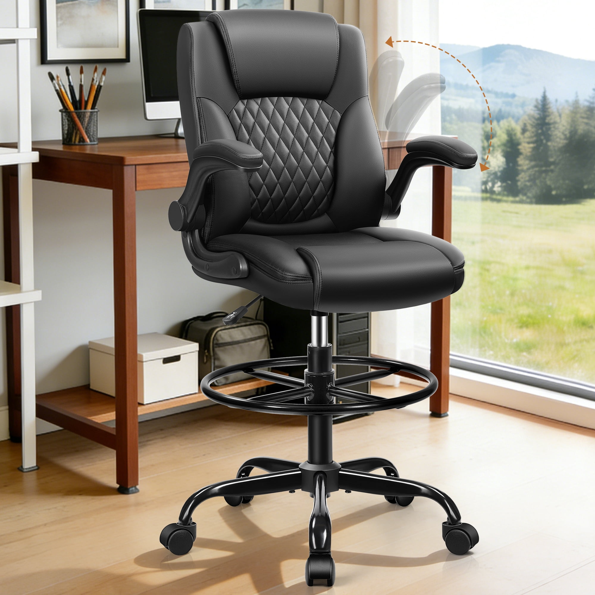 COOLHUT High Back Office Chair with Flip-Up Armrests, PU Leather Executive Ergonomic Computer Chair, Features Lumbar Support, Adjustable Foot Ring for Standing Desks, Home Offices, Black