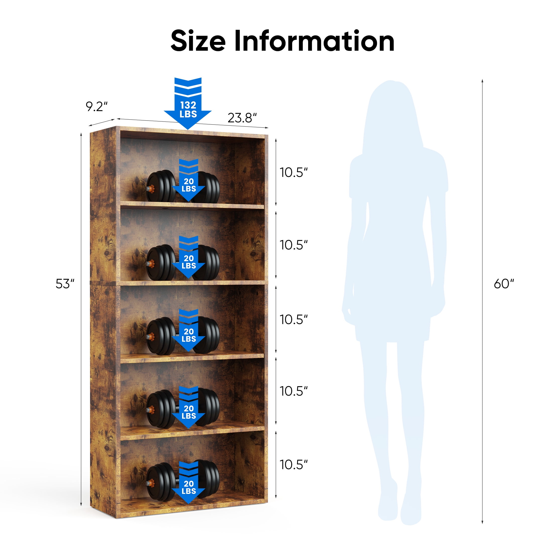 EDX 5 Tier Bookcase Storage, 53 Inch Large Tall Floor Standing Open Bookshelf for Home Office, Living Room, and Bedroom, Rust