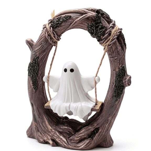 Halloween Ghost Swing Figurine Halloween Tabletop Decorations Centerpiece Cute Resin Ghost on Tree Swing Statue Halloween Decor for Tabletop, Desk, Shelf, and Gift