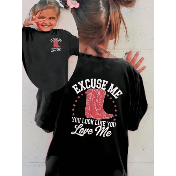 MAWOTEA [Double Side Print]Excuse Me,You Look Lile Love Me Graphic Print T-Shirt Double Sided,Casual Crew Neck Short Sleeve Top For Kids Boys And Girls,Summer & Spring Fashion,Cartoon Style