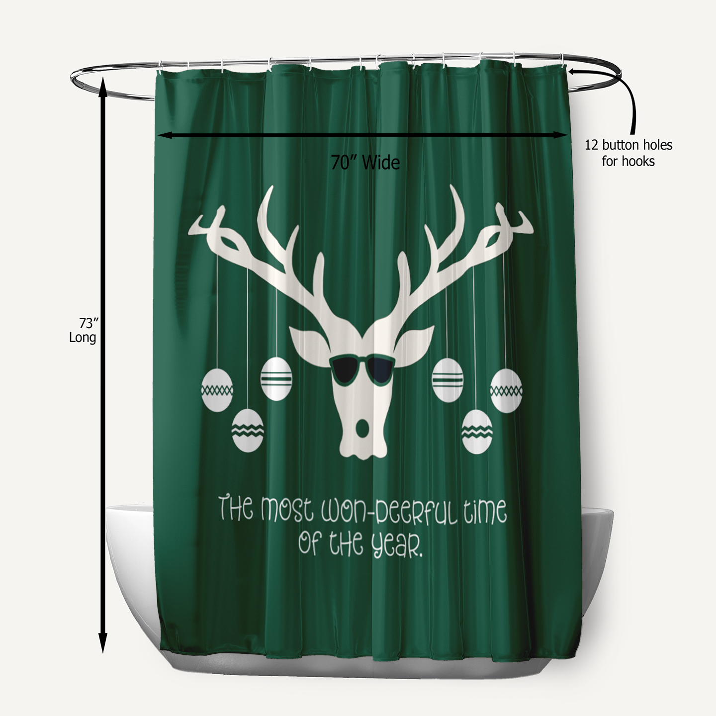 Simply Daisy 70" W x 73" L Cool Christmas Deer Polyester Shower Curtain, Forest Green [1 Ct]