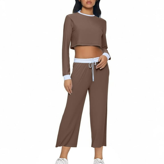 hotojiny Women's 2 Piece Sets Casual Summer Long Sleeve Crop Tops with Wide Leg Pants Set Matching Beach Vacation Outfit