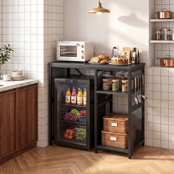 Tzou Mini Fridge Table with Power Outlet, 35" Snack Bar Cabinet with Mini Fridge Space, Industrial Mini Fridge Stand with Storage for Dorm Living Room Kitchen