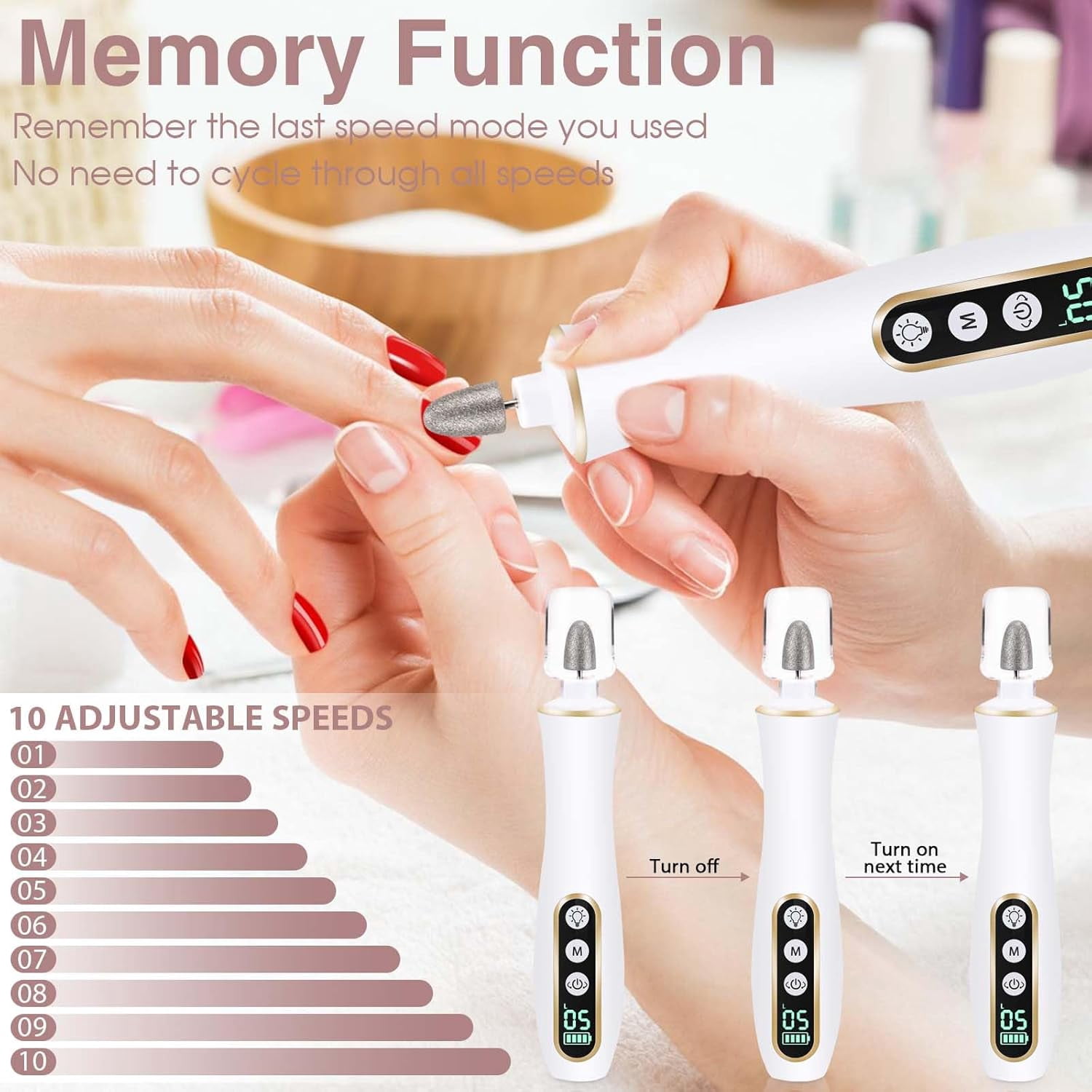 Cordless Electric Nail File Set, Portable Electric Nail Drill Machine, 5 Speeds, Manicure Pedicure Kit with Hand Foot Care Tool