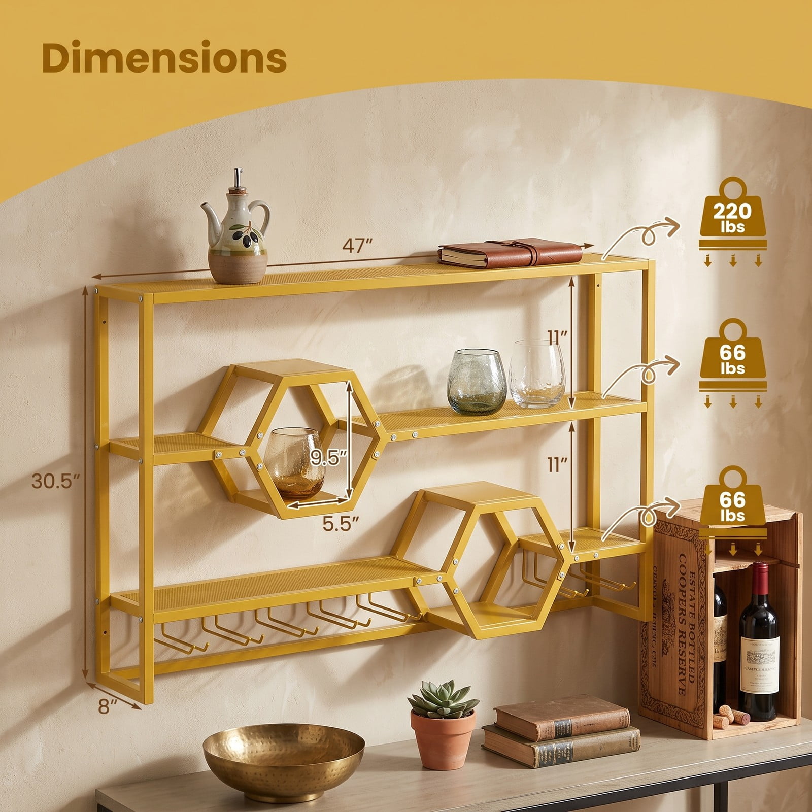 RUIE 47 Inch Wall Mounted Wine Rack, Large Floating Bar Shelf with Stemware Holder, Metal Hanging Wine Bottle Storage Organizer for Kitchen Dining Room Bar, Gold