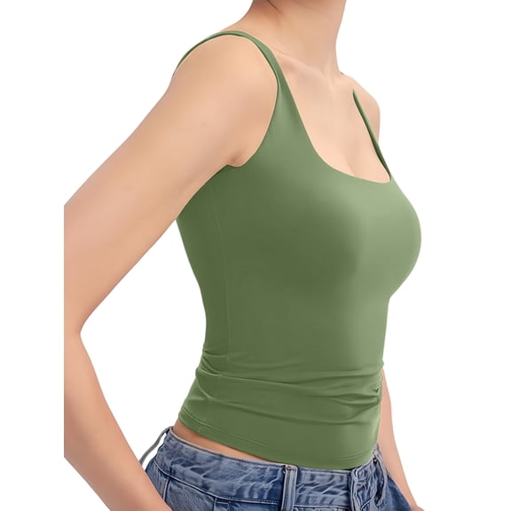 Women'S Square Neck Tank Top Sleeveless Double Lined Basic Tops Army Green XS