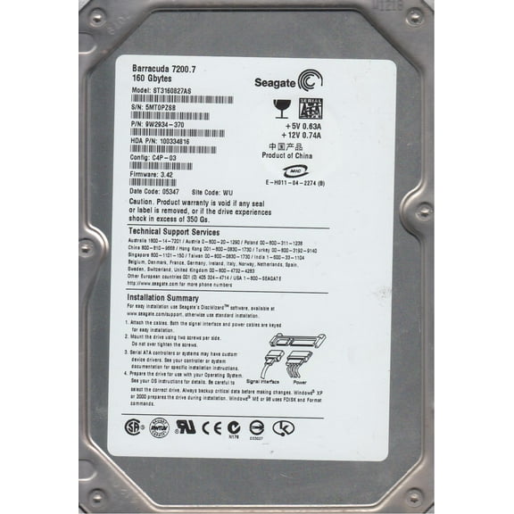 ST3160827AS, 5MT, WU, PN 9W2934-370, FW 3.42, Seagate 160GB SATA 3.5 Hard Drive