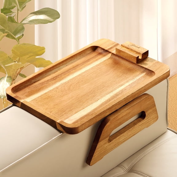 XILAZAB Acacia Wood Sofa Arm Tray with Phone Holder – Clip-On Couch Table for Wide Arms (3.5”–14”), Foldable TV Tray for Small Spaces