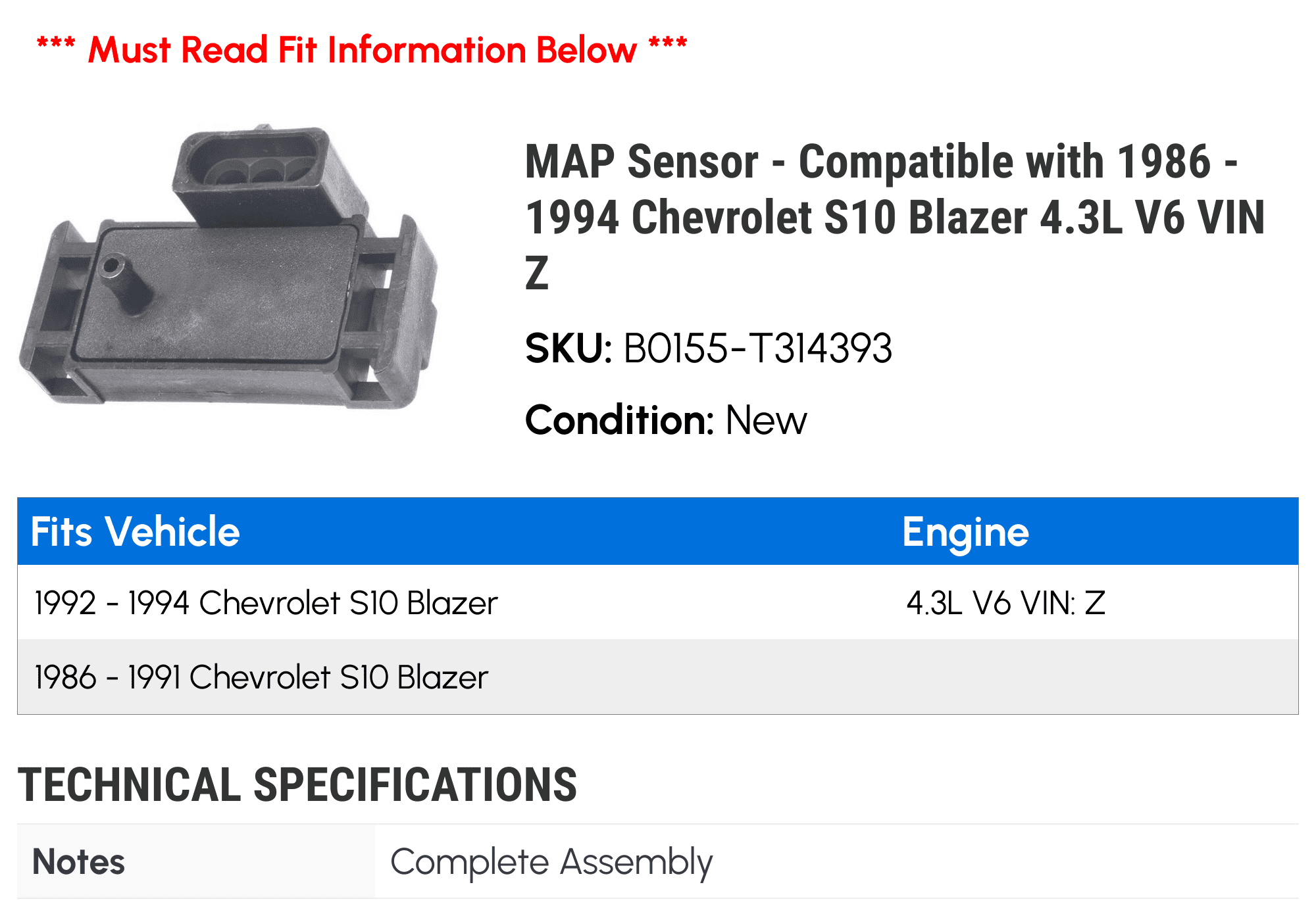 MAP Sensor - Compatible with 1986 - 1994 Chevy S10 Blazer 4.3L V6 VIN Z 1987 1988 1989 1990 1991 1992 1993