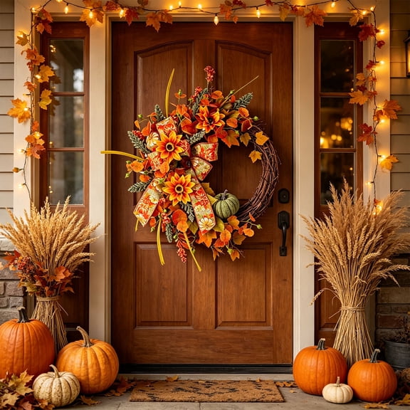 Sunflower Pumpkin Fall Wreath, Rattan Base Harvest Floral Door Hanging with Wildflower Accents, Seasonal Decor for Front Door Porch Wall and Autumn Home