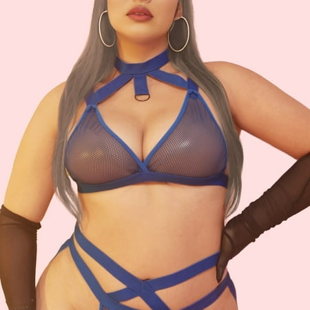 

Plus Size Halter Neck Contrast Mesh Semi Sheer Criss Cross Sexy Lingerie Set Women‘s Plus Slight Stretch Solid Sexy Lingerie Set